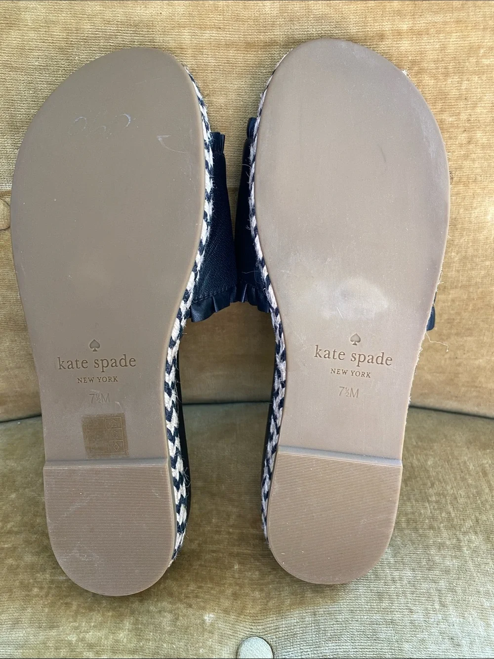 Kate Spade espadrille black leather slides, size 7 1/2, like new